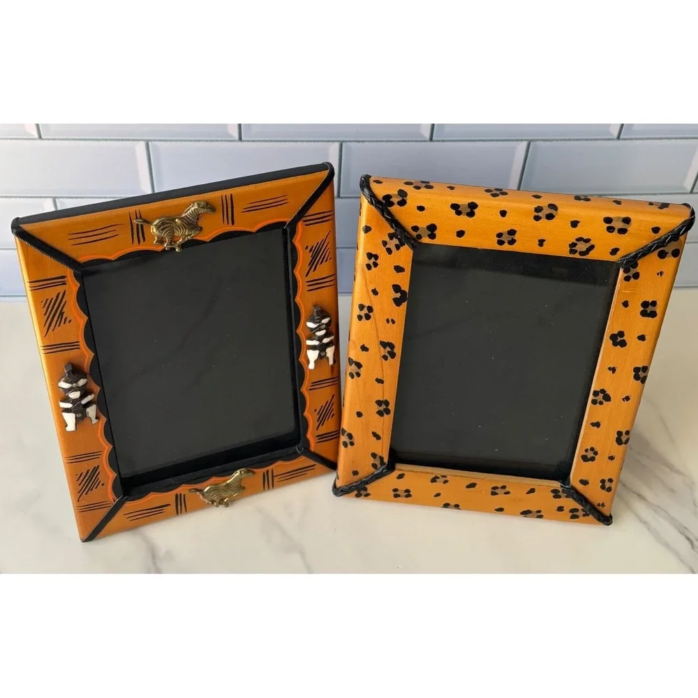 Vintage African Safari Wood Picture Frames Set of 2 Zebra‎ Leopard Tribal 4x6